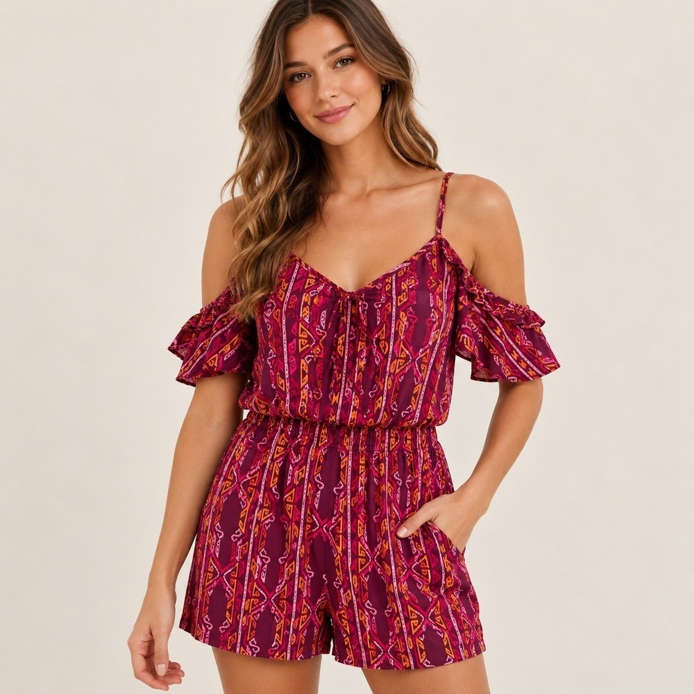 Arizona Jean Co Womens Cold Shoulder Romper Boho Tribal Print Pockets Size XXL